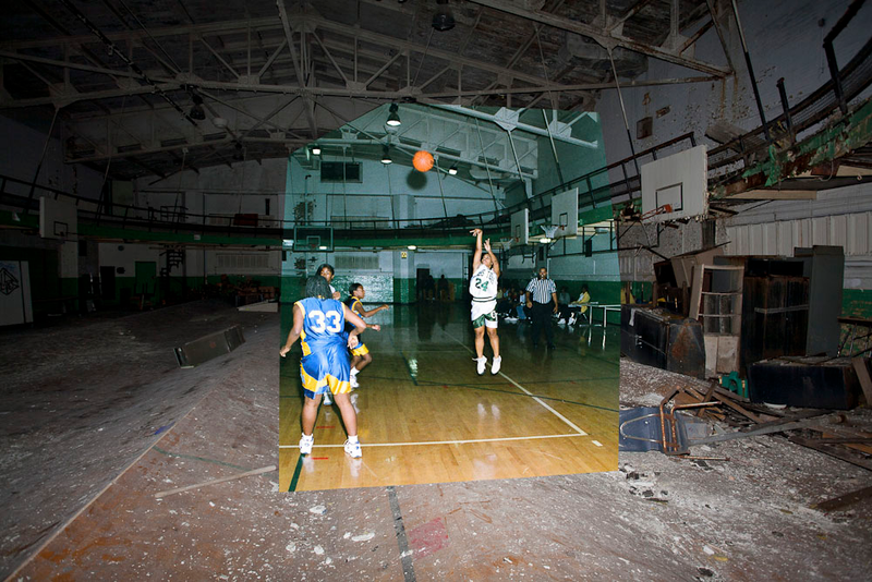 Illustration for article titled Composite photos show a Detroit school before and after it was abandoned